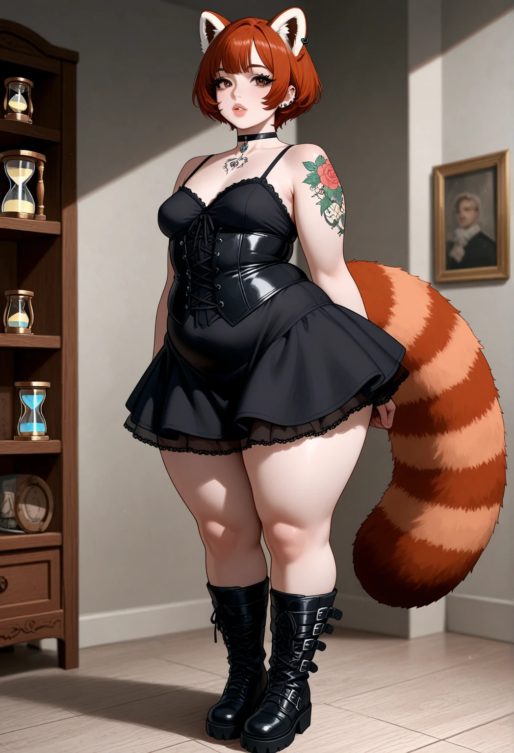 chubby, woman, thick waist, large chest, red messy hair, gray cat ears on head, blue eyes, gray short shorts, thicc thighs, long black vest, black combat boots, fat, larger body, chubby face, face with blush, cleavage visable, boob window
