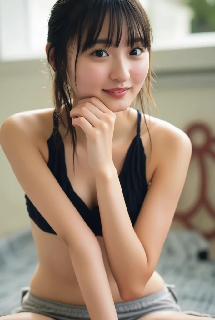 Highest quality, masterpiece, Ultra-high resolution,8k,((Toothy smiling portrait:1.4)), (Realistic:1.6), ((A radiant smile)), RAW Photos,((Bra top and pleated mini skirt)),((Soft looking breasts)),((Full body photo)),1 person,2 adult women,(Full of smiles:1.6)) ,((Ponytail and hair tie)),((Ribbon in hair)),((Looking up at the audience)),Face Focus:1.4,((Shot from above:1.15)),