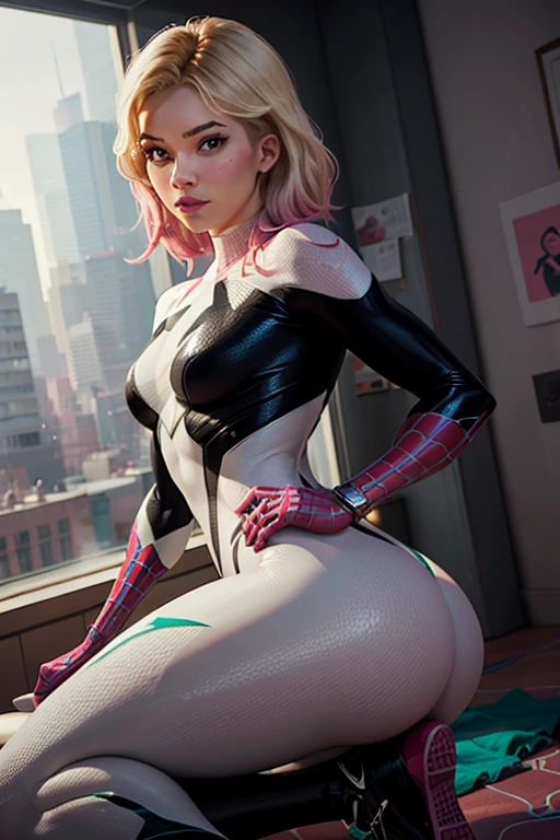A realistic, spider-gwen, gwen stacy, hyperrealistic Spidergwen with athletic muscle, textured saturated white and black and pink trage, (best quality,4k,8k,highres,masterpiece:1.2),ultra-detailed,(realistic,photorealistic,photo-realistic:1.37),professional,vivid colors,bokeh, pose showing her butt, looking at the camera