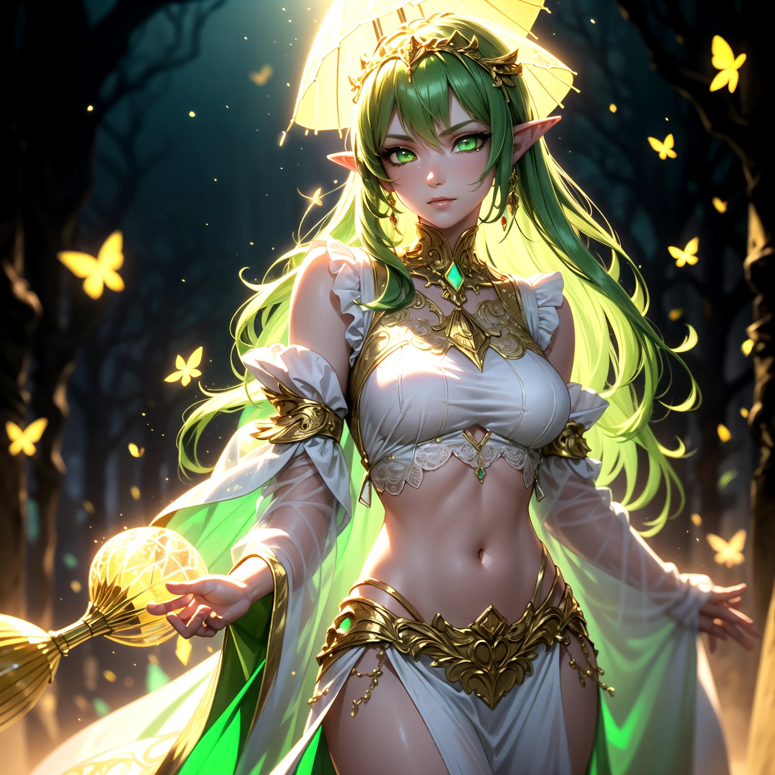 Green hair, two horns, yellow eyes, young woman, magician, lightly clad, glowing crystal, star effects