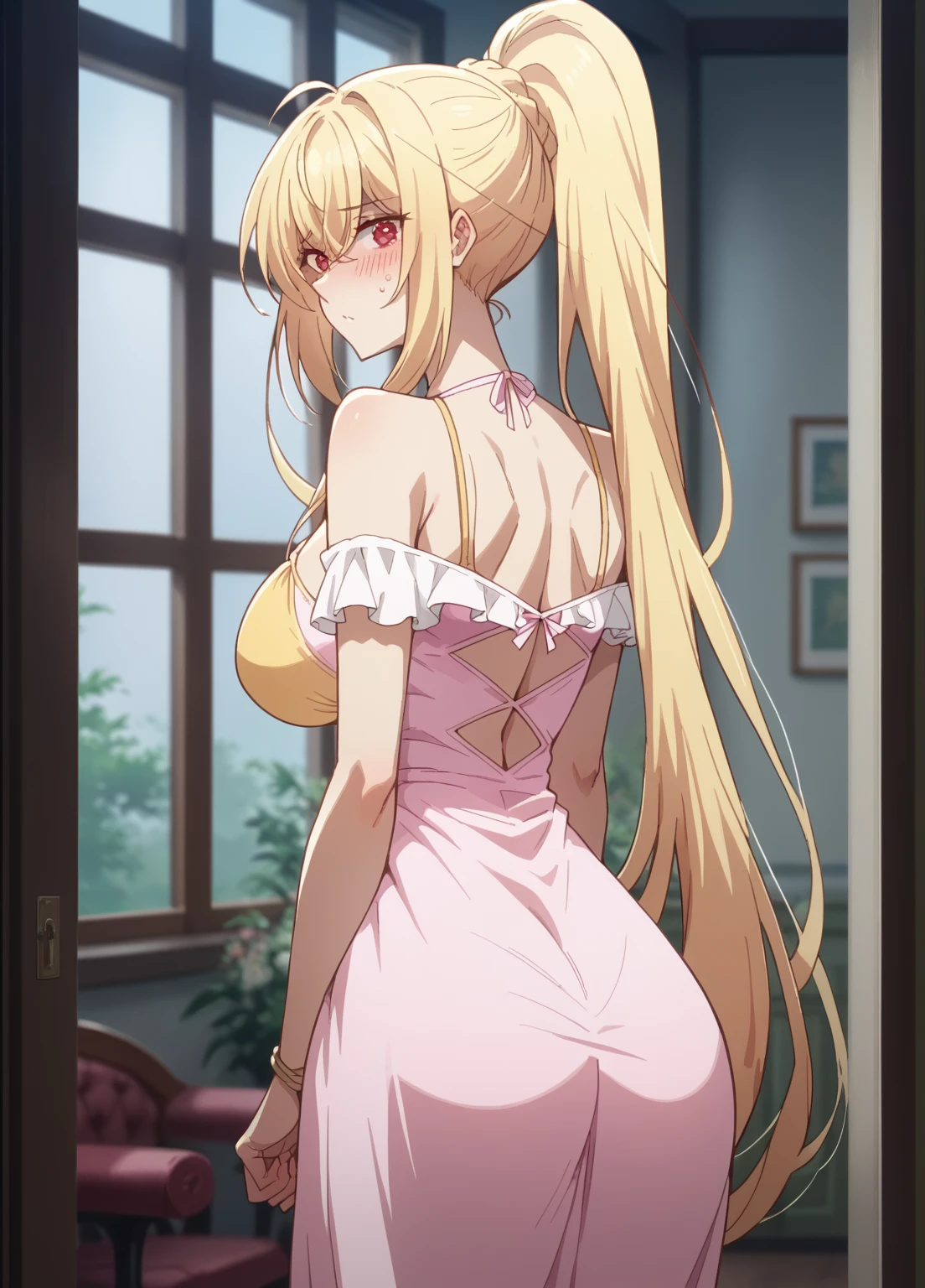 masterpiece、Highest quality、Best image quality、High resolution、Big Breasts、nsfw、Completely naked、Blonde、Yellow Eyes、Long Hair、classroom、Sexy expression