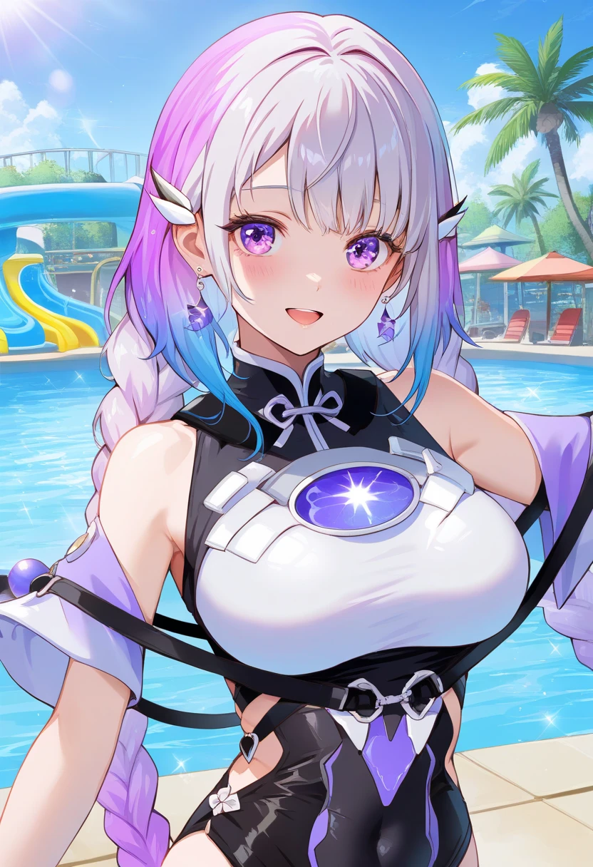 mature female, mature, Adult, onepieceuta, uta, long hair, (purple eyes:1.1), white hair, red hair, multicolored hair, (hair over one eye:1.5), two-tone hair, split-color hair, hair rings, sidelocks, Villain, seductive smile, evil grin, headphones, aroused, in heat, nsfw, steam, breath, sweat, drooling, Bending forward, Spread arms, Raise arms, chest, Night jungle, Dark, latex purple leotard, dramatic angle, unique perspective, unique angle, masterpiece, Top animation quality,Top image quality,