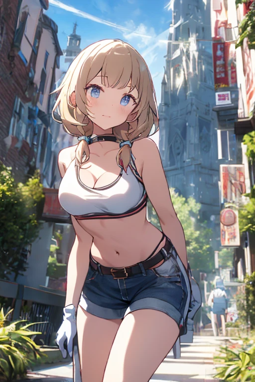 girl,Young,、teenager、(masterpiece,Highest quality),Street,Dark skin,(Brown Skin)、Completely naked,Bare shoulders、Gal、Blonde、passionate、Medium ponytail、(Underboob),Big Breasts,Cleavage,(stomach),Black mini tube top、looking at the camera、barefoot、Very short denim shorts,(Ultra Micro Shorts),Strong winds、No underwear、The skirt is blown up by the wind、solo、Are standing、barefoot、City、Embarrassing、Peeing、Soaking wet