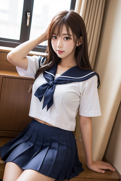 Please generate an emotionally rich scene where a person calmly removes a sailor uniform, with warm ambient lighting and a natural room atmosphere