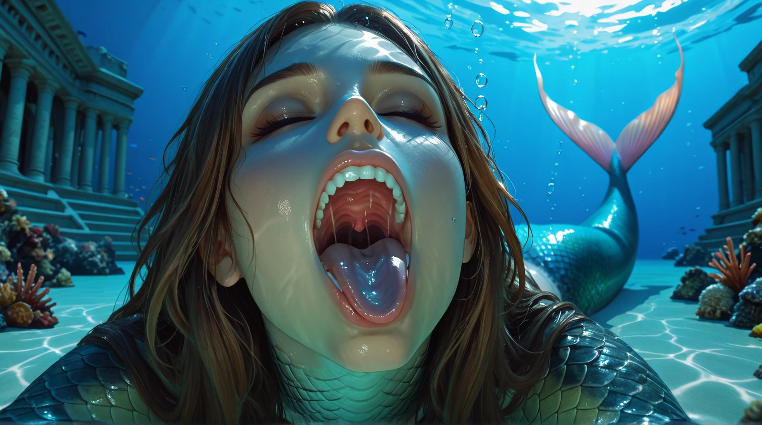 <lora:quiron_blowjobpov_v1c:1> photo of supermodel czech woman as the princess mera from aquaman (BlowjobPovQuiron sex), smile, cute, cute pose, (big breasts:1.2), Lilac hair, Bob, looking at viewer, swimming, thick thighs, (long Mermaid tail:1.4), (realistic:1.2), (realism), (masterpiece:1.2), (best quality), (ultra detailed), (8k, 4k, intricate),(full-body-shot:1),(Cowboy-shot:1.2), (85mm),light particles, lighting, (highly detailed:1.2),(detailed face:1.2), (gradients), colorful,(detailed eyes:1.2), (detailed ladscape, sea, underwater:1.2),(detailed underwater coral background),detailed ocean floor landscape, (dynamic angle:1.2), (dynamic pose:1.2), (rule of third_composition:1.3), (Line of action:1.2), wide shot, daylight, solo, (blowjobpose:1.4), by Gerda Taro