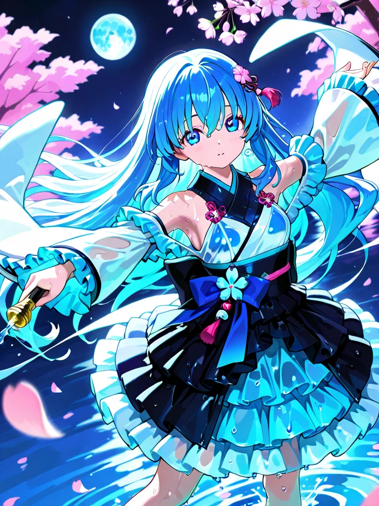 Scissors Details, Draw detailed hair, Improve the dress, Adding color to the skin, Blue and white dress arrange the breasts, Improve the scissors, Hint hint, Draw detailed eye and facial contours、Draw the scissors handle in detail, Two curly pigtails visible in front, Clear hair, smile, Define the eyes, Hand holding scissors, Scissors Details, Two bands on the sides of the curled pigtails cover the chest area., Smaller breasts, Blue and white dress, Blue in the center、Both sides are white, defines the smile, Improve your face
