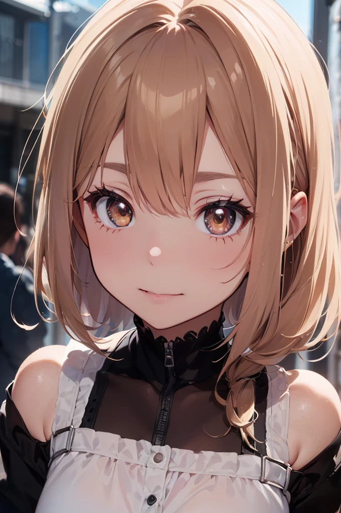 masterpiece, best quality, highly detailed, high resolution, expensive resolution, high resolution, 4K, 8k, uniform 8k wallpaper, highly detailed CG, masterpiece, 2D, 3D, beautiful details, depth, fine texture, best quality: 1.3, perfectly focused, crispy. skin, him, cute anime 20s girl, her name is Mei, idol, expensive brown short twin tails, mole under eye, looking at the viewer, cowboy shorts, expensive, blush, mole, plump lips, heart, pink eyes, heart shaped choker