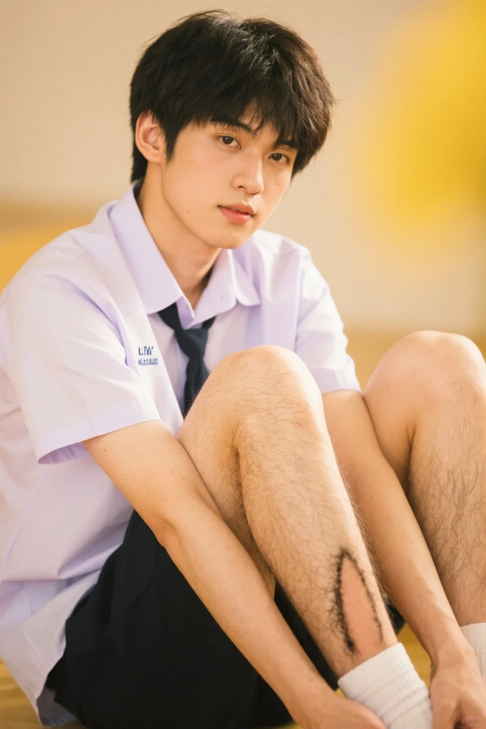 Handsome teenage boy,Nemu'wearing a high school uniform,但Nemu下半身只穿着灰色内衣和白色袜子,Nemu的袜子有轻微的汗渍,Nemu的双腿伸直并分开,There is a large bulge,There are obvious sweat stains in the center
