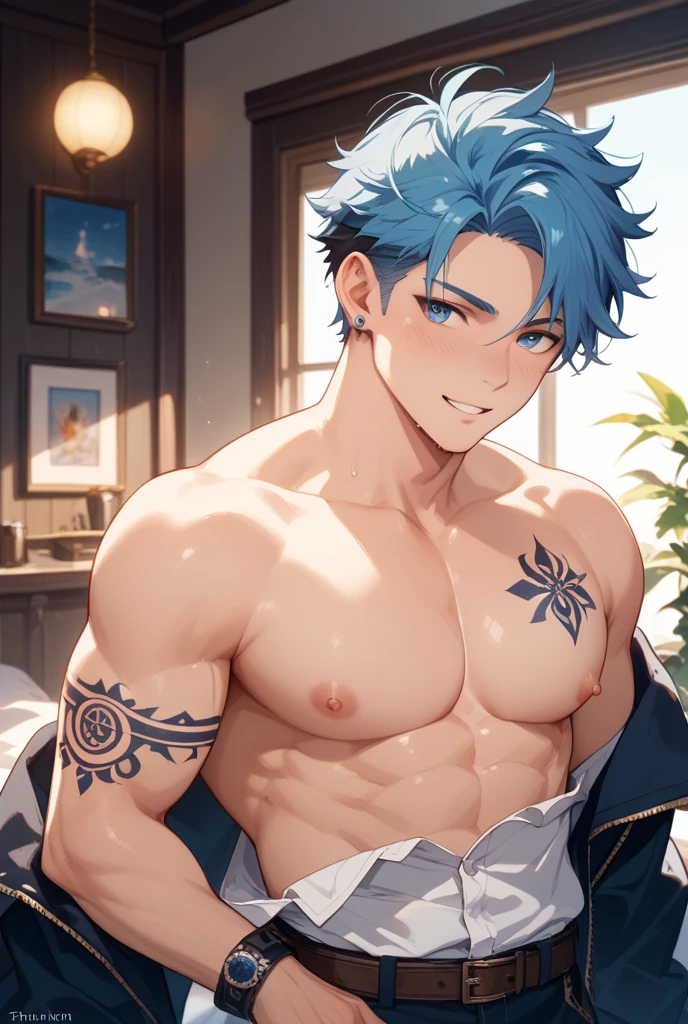 Blue hair in anime、Shirtless man posing for photo, muscular!!, Cool anime poses, Fluffy chest, Tall anime man with blue eyes, Anime handsome man, muscular的姿势, muscular!, V-neck dress, OPPEIN, Hajime Yatate, male anime character, muscular! fantasy, muscular!!!, Shirtless :: High Detail, Naked chest