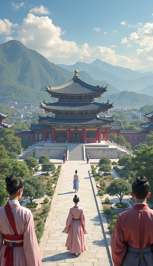 Scene selection：Please include the main buildings of the Forbidden City in the picture，For example, Taihe Temple、Main entrance and Qianqing Palace。 Light and atmosphere：The light in the picture should be quiet morning light，The sun has just risen，Illuminates the golden yellow edges of the building。The morning mist gently filled the scene，Add mystery to the whole picture。 Angle and composition：Select an angle to find，In order to see the magnificent height of the building。Make sure that the lines and symmetry of the building are fully reflected in the picture。Some trees are included in the picture，Add a natural touch to your images。 Seasons and weather：It was a clear autumn morning，The sky is blue，light breeze，The leaves gently fall in the autumn breeze。 Character or element：In the foreground of the picture，There are civil officials dressed in ancient official uniforms and palace maids dressed in ancient Chinese Han costumes，I quietly admired the magnificent view of the Forbidden City。 Colors and tones：The picture is mainly gold，Highlight the royal atmosphere of the Forbidden City。The sky and distant hills appear pale blue。 Detailed requirements：Please emphasize the details of the building，Such as textures、Carving and luster of glazed tiles。 art-style：I wanted the pictures to have a realistic art style，In order to present the realism and magnificent beauty of the Forbidden City。