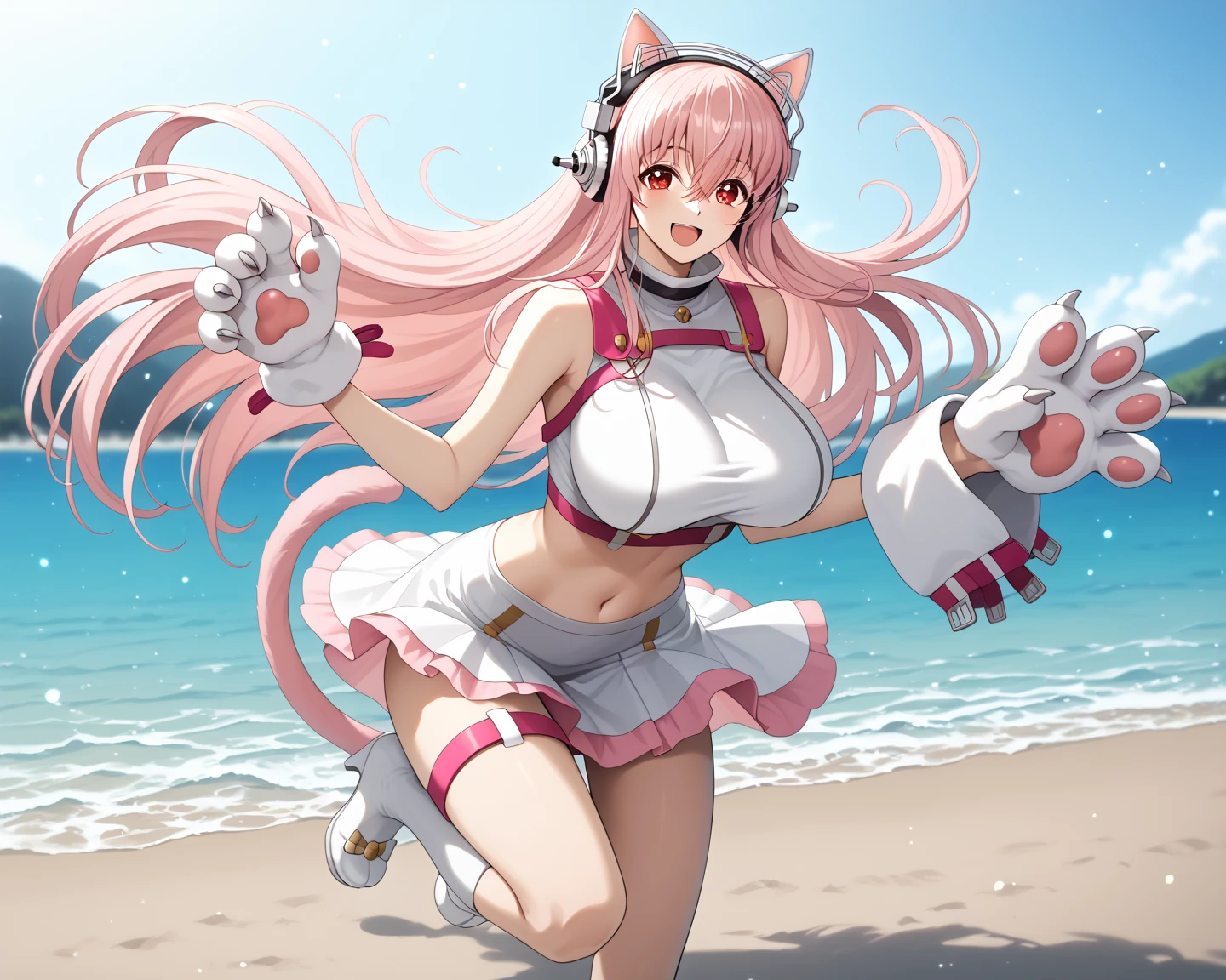1girl, absurdres, bikini, black_bikini, black_jacket, bracelet, round chest, closed_mouth, smile,happy collarbone, commentary_request,alice (nikke), hair_ornament, hairclip, highre, idolmaster, idolmaster_shiny_colors, jacket, jewelry, large_chest, looking_at_viewer, multiple_bracelets, navel, off_shoulder, open_clothes, open_jacket, pearl_bracelet, purple_eyes, long_hair, side-tie_bikini_bottom, signature, strap_slip, swimsuit, twintails, very long hair, grey hair, headset with baby bunny ears, pink eyes, shrug \(clothing\), multicolored gloves,sitting in a beach,lay on towel,full body,sexy pose,hand hold a drink,sitting underneath a beach umbrella ,whole body ,3/4 angle, fish fov
BREAK
((masterpiece)), (top quality), (best quality), (((ultra-detailed, 8k quality))), (large masterpiece digital art), (detailed line art), ((perfect anatomy)), extremely detailed body, extremely detailed finger, best hands, perfect face,perfect ears, beautiful face, (blush), extremely detailed eyes, ((expressive eyes)), gradient eyes, beautiful eyes,glowing eye pupils,perfect ears,perfect eyes, perfect fingers,perfect nails,
BREAK
(intricate background of scene decorations), beach space,after noon atmosphere,after noon light,sandy beach,pov eye,1 lighting,dynamic lightin,palm trees,sea starts,sparkles,calamari on the bach,rocks,1towel1 drink,beach umbrella