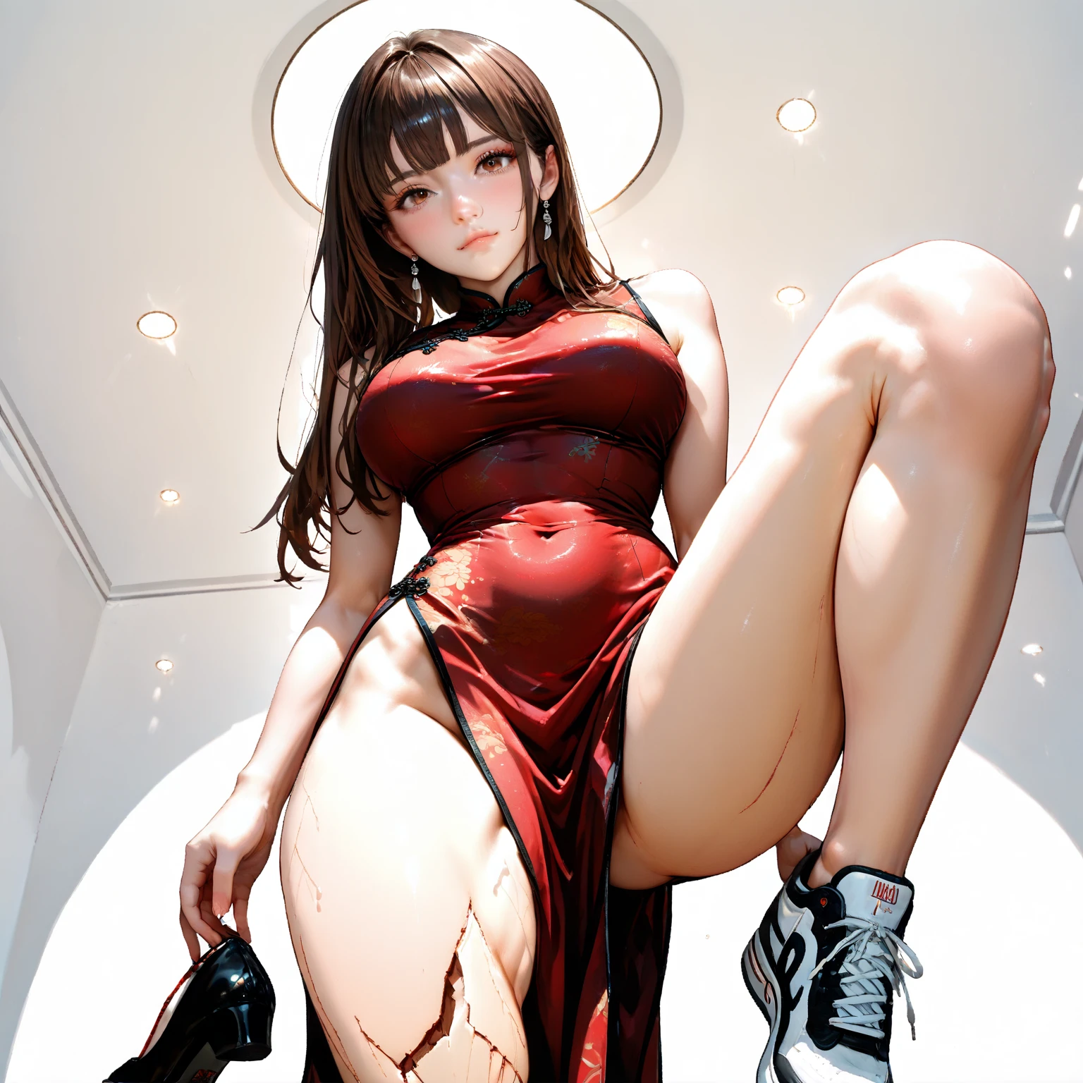 Best quality, official art, very detailed CG unified 8k wallpaper, huge file size, very detailed, high resolution, very detailed, beautiful detailed girl, very detailed eyes and face, beautiful detailed eyes, light on face, movie lighting, 2girls, (from below: 1.3), (perspective: 1.2), looking at the audience, full body, full body photo, braids, blowing tide, vaginal rundown, drooling, very huge breasts, open legs, sexual excitement, sexual expression, skinny, High heels, outdoor, wide hips, thick thighs, (Hanfu: 1.4), rooftop, evening, neon lights behind, a girl wearing a transparent silk scarf, no clothes, no panties, very huge breasts, sitting on the bed, legs open, arms raised above the head in a seductive pose,