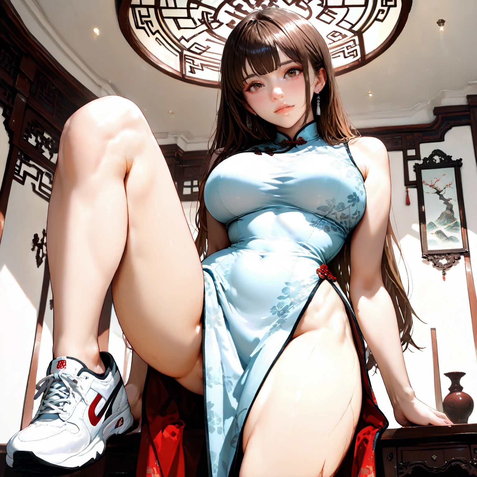 Best quality, official art, very detailed CG unified 8k wallpaper, huge file size, very detailed, high resolution, very detailed, beautiful detailed girl, very detailed eyes and face, beautiful detail eyes, light on face, movie lights, 2 girls, (from below: 1.3), (perspective: 1.2), looking at the audience, full body, full body photo, braids, blowing tide, vaginal ruin, drooling, very huge breasts, open legs, sexual excitement, sexual expression, thinness, high heels, outdoors, Hip width, thick thighs, (Hanfu: 5), , roof, evening, neon in the back, a girl wearing a transparent silk scarf, no clothes, no panties, very huge breasts, sitting on the bed, legs open, arms raised above the head, in a seductive pose,