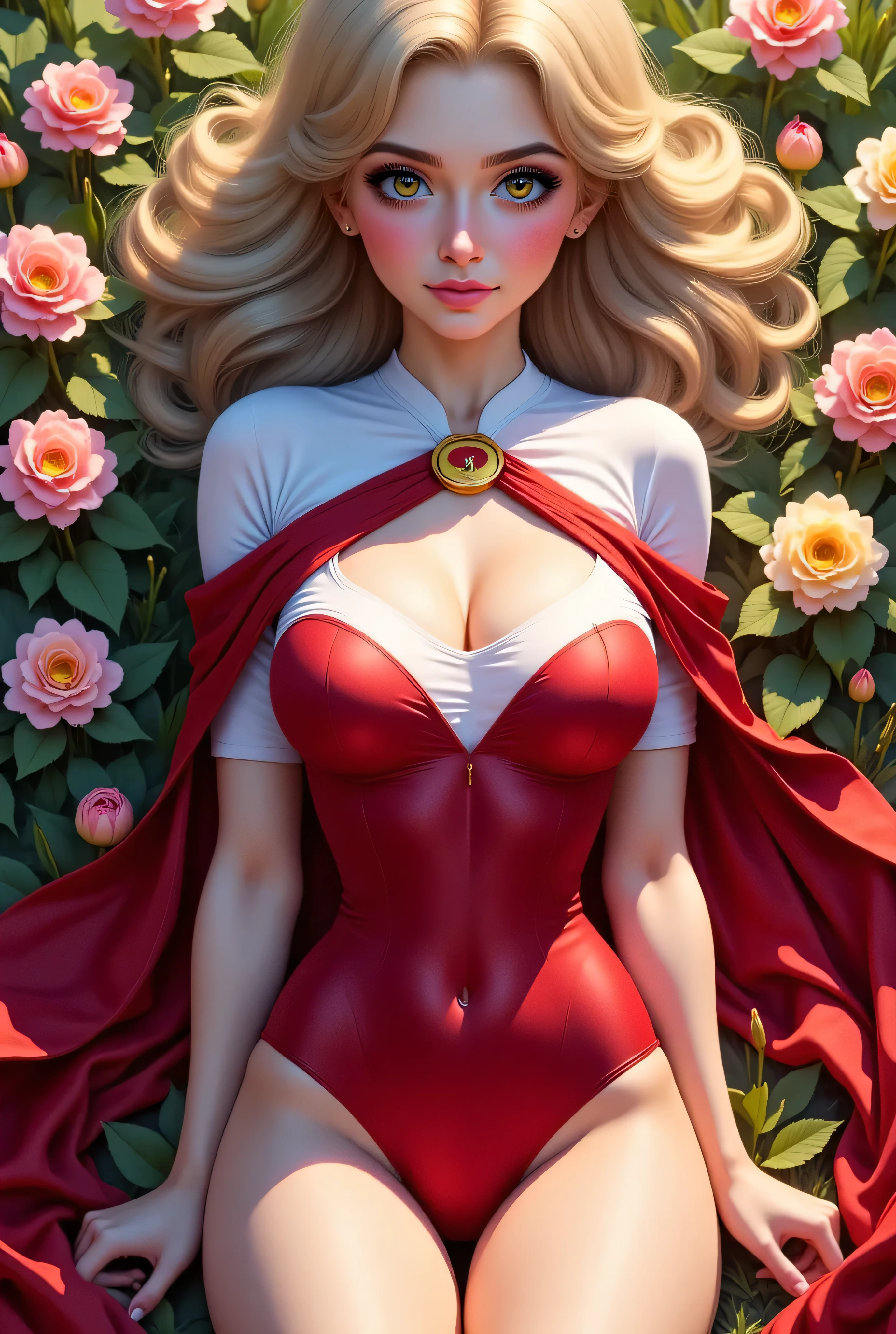 Vista, Panorama, Perspective, Depth of Field, Bust, Upper Body, Cinematic Angle, Masterpiece, Best Quality, Ultra Detailed, CG, 8K Wallpaper, Beautiful Face, Delicate Eyes, A Maiden, Solo, Smile, Silver Hair, Golden Eyes, Fair Skin, Hair Strands, Red Scarf, White Evening Dress, Rose Field, Red Flowers, Roses, Flower Field, Petals, Flying Petals, Smiling