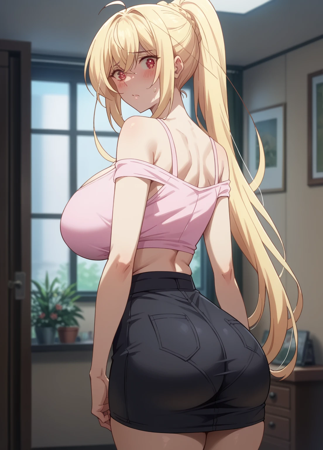 ultra-detailed、highest quality、Highest image quality、master piece、8K、blonde curly hair、(SFW huge body)、(((Rear view)))、cowboy shot