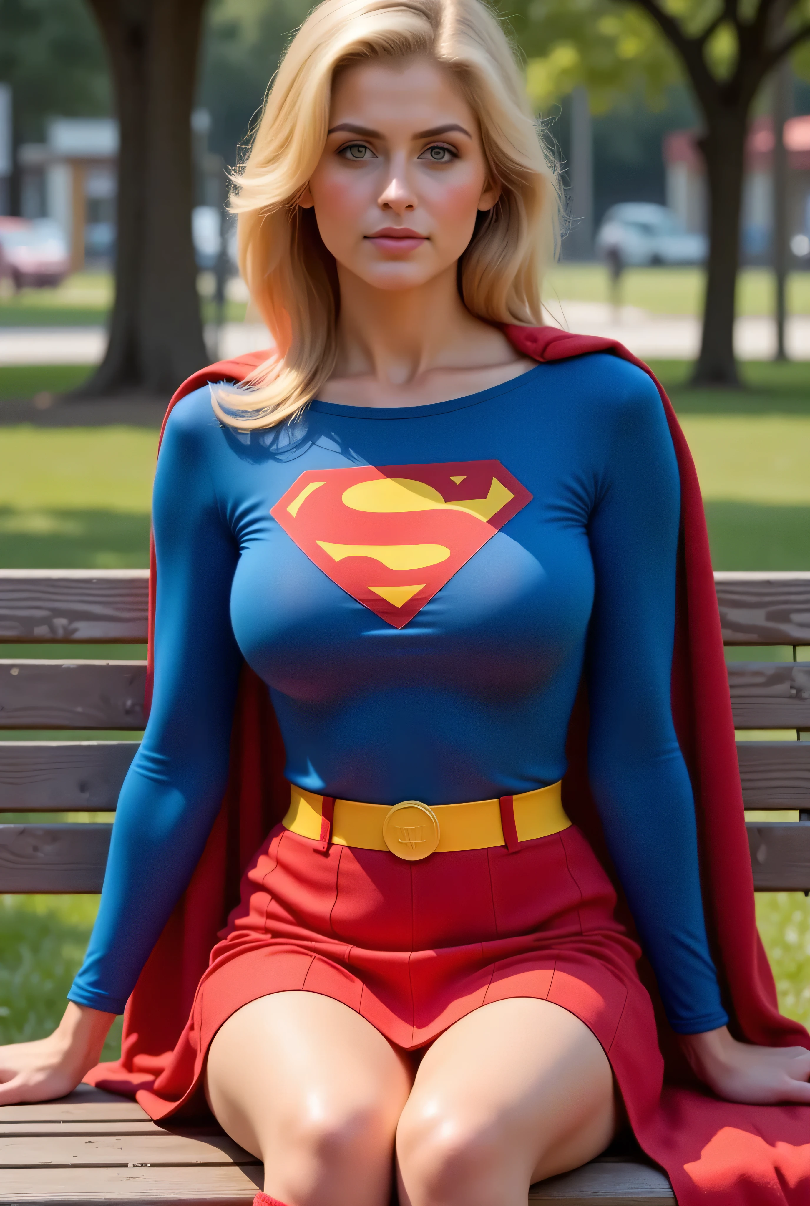 Supergirl sitting casually on a wooden park bench, wearing her 1970s costume — blue long-sleeve top with the classic “S” emblem stretched across her large chest, short red pleated skirt, yellow belt, and knee-high red boots. Her face is fully visible with soft sunlight on her Helen Slater-inspired features — bright blue eyes, relaxed expression, and natural blonde curls. Cape draped over the bench, trees and light shadows in the background. Photorealistic natural lighting, grounded superhero-in-the-real-world feel.