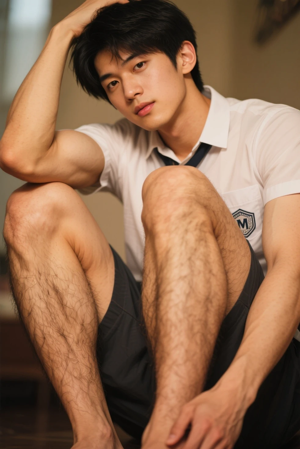 Realistic photography, handsome young man ,Sit with your legs open on the sofa..