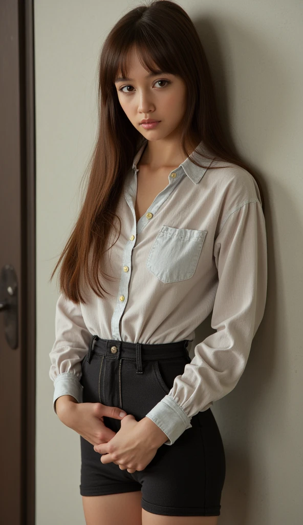 4k perfect picture quality, highly detailed realistic ((full body including legs)) Beautiful photo of 18 year old Anglo-Saxon sweaty girl, twisted braid (((Bright with God's eyes)) ((Perfect and delicate facial features)) and lively, (wearing a white shirt blue denim shorts with tassels) standing in a tall building by the bedroom window, white wall