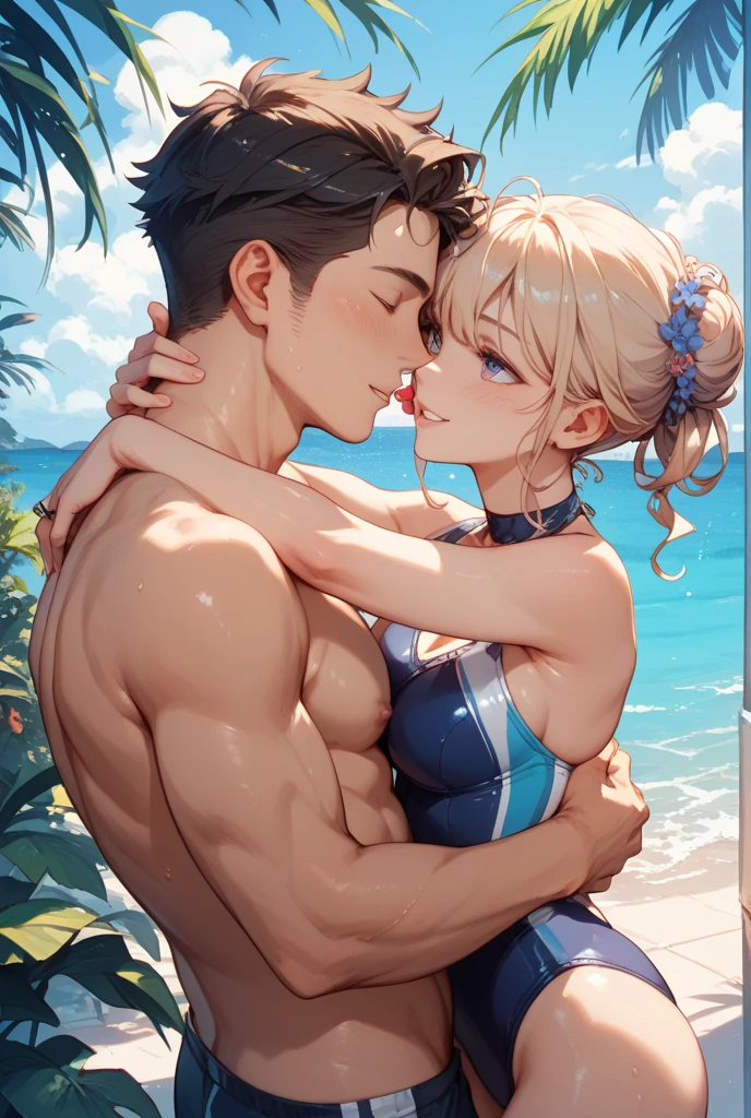 A blissful couple runs hand in hand on the golden sandy beach, their faces radiant with happiness under the warm, high saturation sunlight. The fine details of their faces, with natural wrinkles and sweat glistening on their foreheads, are captured in this realistic style, 4K masterpiece. Each footprint they leave behind is etched in the sand, adding to the energetic and lively atmosphere. Seagulls fly overhead, their sharp silhouettes contrasting against the bright sky. Waves crash onto the shore, leaving a frothy white foam that glimmers in the sunlight. The couple's laughter echoes through the still air, bringing a sense of peace and contentment to