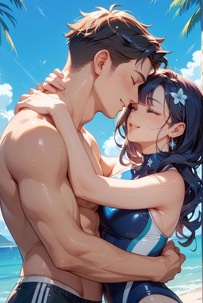 By the pool、Being carried on a man's back、piggyback、sleepy, get drunk、blush、((closed eyes))、ponytail、masterpiece, Highest quality, Very detailed, The finer details, Anime Style, one person's, 22 years old, Cute Face、Large Breasts、Big Ass、Tight waist、from above, Beautiful Eyes、Dark brown hair, Shiny Hair, ((light brown eyes))、At the night pool、Colorful lighting in pink and blue、turquoise blue too very micro bikini, Shallow depth of field