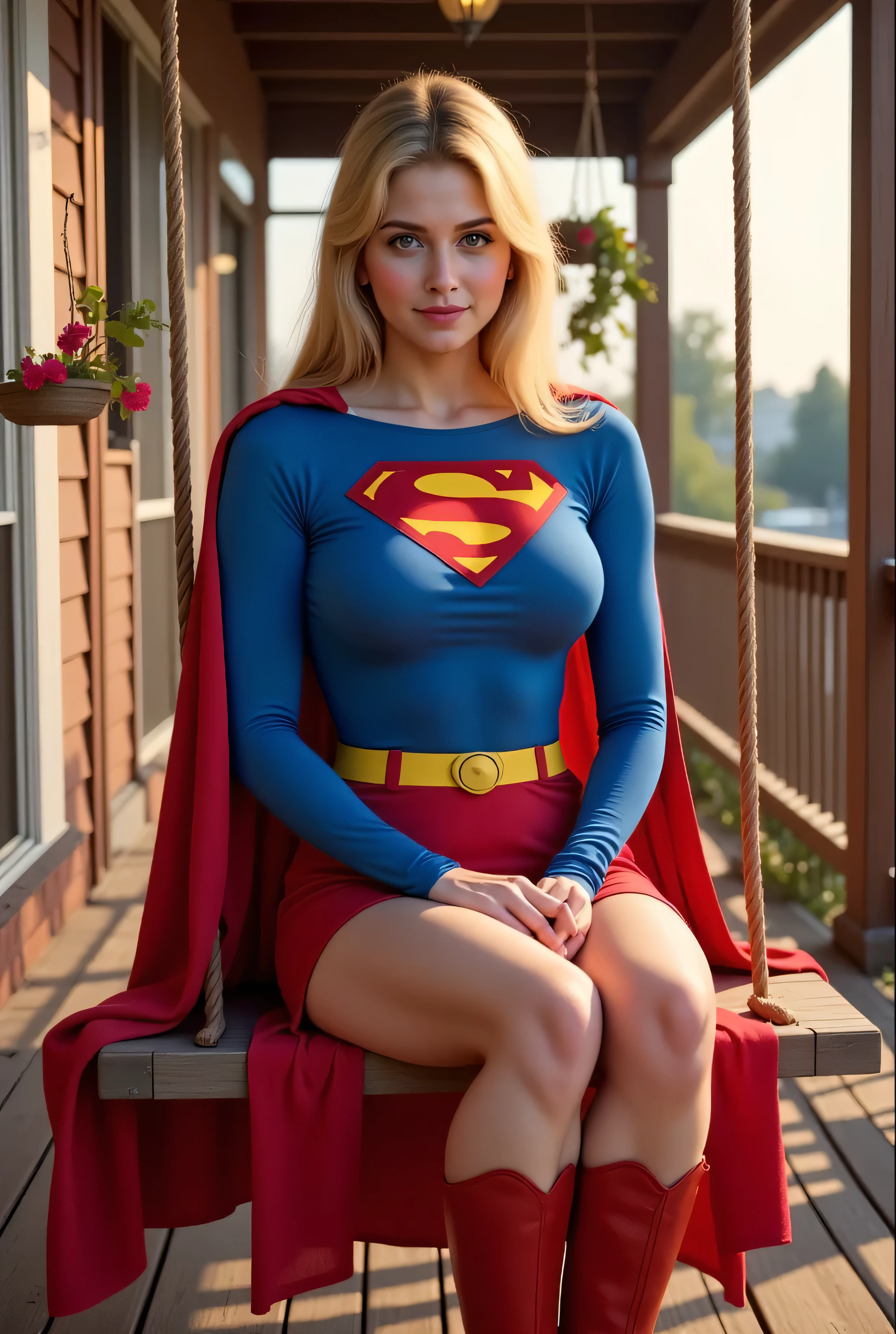 Supergirl sitting on a farmhouse porch swing in the evening, full face smiling gently, wearing her vintage 1970s outfit — snug blue long-sleeve shirt with large bustline, iconic “S” stretched across her , short red skirt, yellow belt and boots. Her cape hangs to the floor, sunlight peeking through hanging plants. Naturalistic, Americana realism — Norman Rockwell-meets-superhero style.