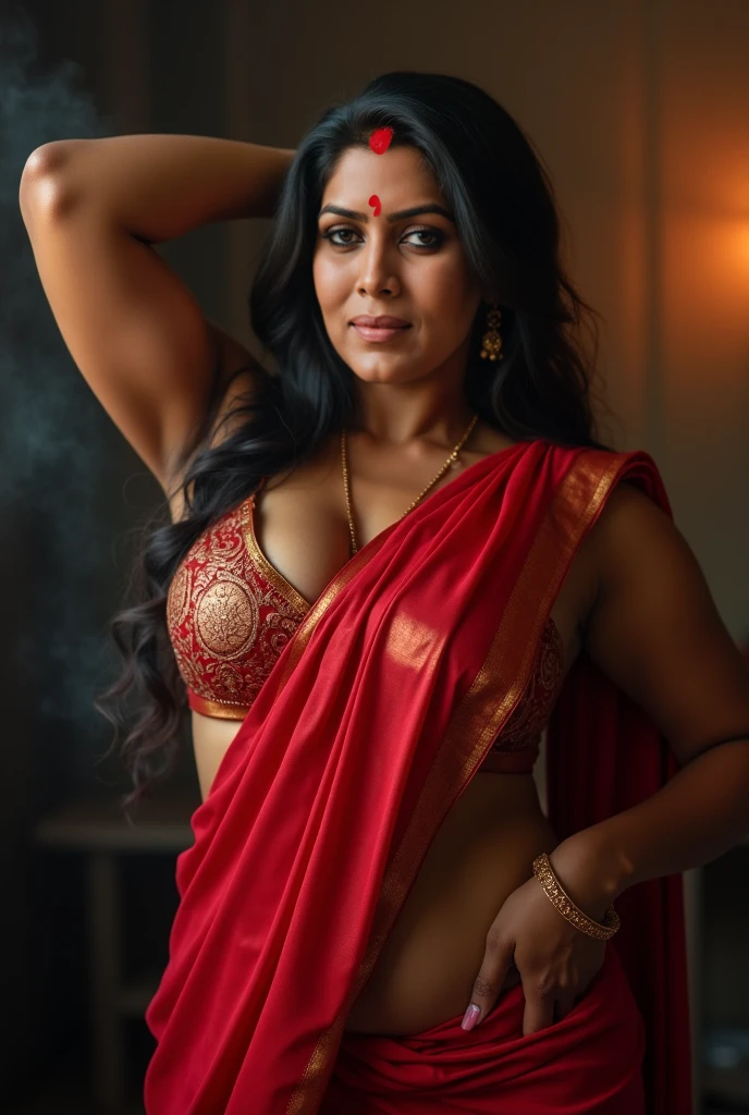 Looks like Nayanthara, milf, cougar lady witch, horny Gothic milf,  50 years old gorgeous mature lady, pervert demoness, demoness of lust, curvy, black lips, horny face, extremely gorgeous, thick figure, heavy physique, voluptuous, curvy, sexy figure, Fashionable portrait of androgynous alien looking witch wearing veil, glowing eyes, futuristic design, minimal details, givenchy, photoreal, 200mm, hd, f/ 2.0, highly detailed, surreal, sexy beautiful evil woman, sexy bold sequin Saree with strapless Bra, chudail, Pishachini, horror genre, blood-thirsty enchantress, powerful female spirit, eerie, drop dead, in the style of red and blue, (intricate details, hyperdetailed:1.15) (skin texture:1.2), dark Moody tone, cinematic lighting, haunted place in background, 