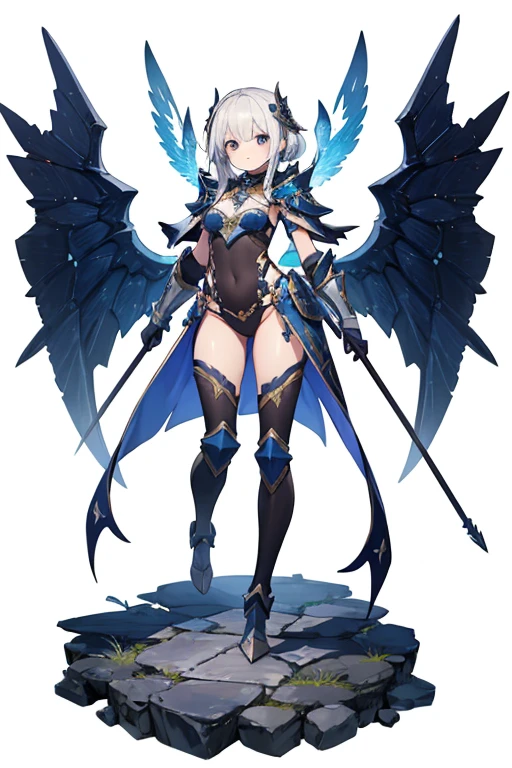 (((masterpiece, best quality, high detailed, 8k))) Design a layout showcase Gaming character, (1girl). Silver|Blue clothes, stylish and unique. ((showcase weapon:1.4)), lightning rod. (masterpiece:1.2), (best quality), 4k, ultra-detailed. (Step by step design, layout art:1.5), (luminous lighting, atmospheric lighting). storm mage, ((glove full hands)), (((revealing clothes:1.3))), vambraces, armored legwear, (((full_body_shot:1.4))). {During a thunderstorm}.