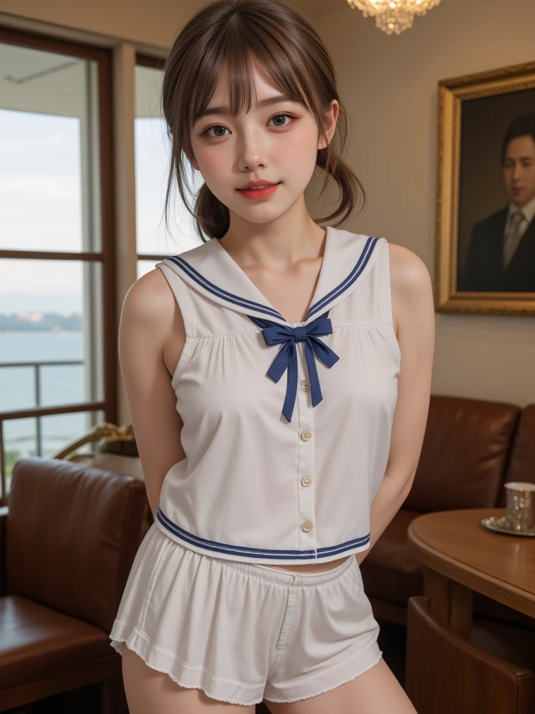 Adorable, 11 year old girl in Japan, (Sleeveless sailor suit:1), Sitting on a cushion, Curly medium hair, hair scrunchie, (Smile :1), (highlydetailed skin:1), (Best Quality:1.0), (超A high resolution:1.0) ,(photographrealistic:1), (ultra-detailliert:1.0), (8k RAW photo:1.1),Looking at Viewer,See-through