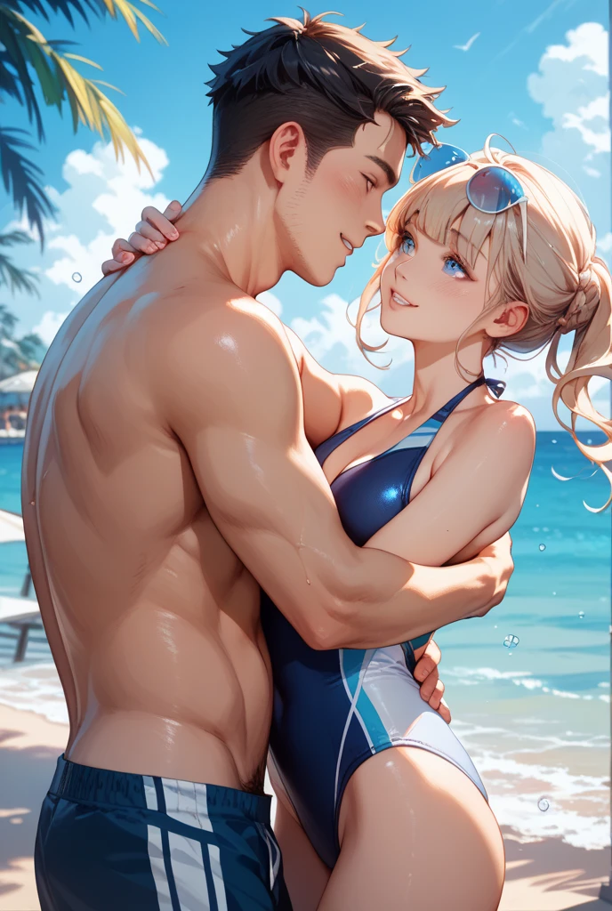 Boy who is super muscular kissing a girl in a bikini