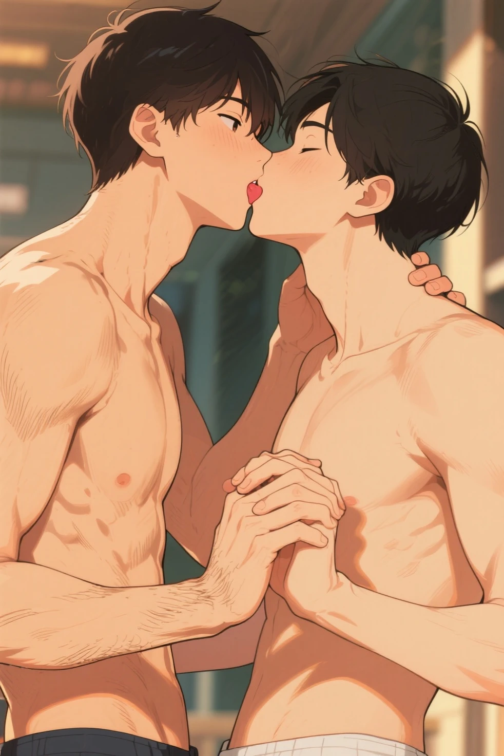 masterpiece,best quality,full naked body view,2 naked boys hugging each other laying in the bed,kiss, anal sex, have sex, Body shape difference,young people,tall,muscular,naked,age gap, size gap, long big fat dick, erection, dropping semen, Handsome,detailed faces, no pants,barefoot, nice big butts, exquisite eyes,intricate detailessy brown hair,The background is in the house,complex patterns,Best light and shadow,plant,dappled sunshine,During the day,depth of field,summer,artistically,rich and colorful