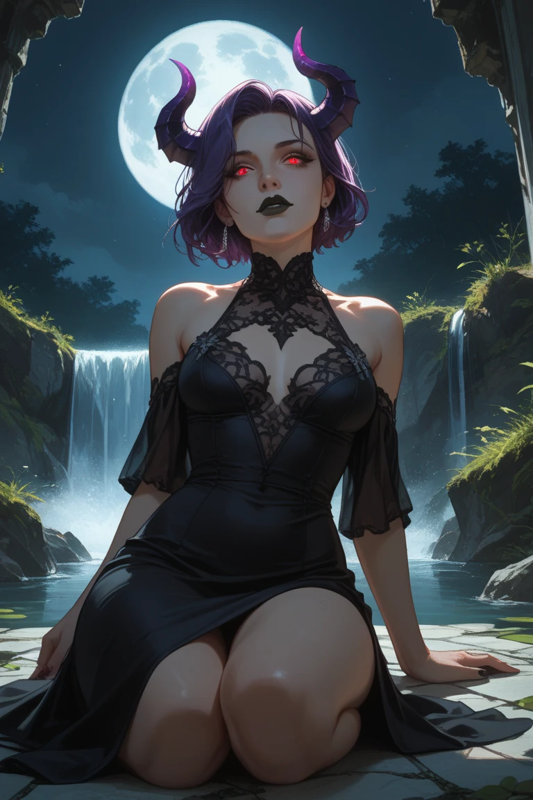 1 woman witch, happy smile, black pixie cut hair, alternative hairstyle, pale skin, delicate feminine mouth, small amber eyes, magic mushrooms on forest floor, wearing alternative dress, full moon in night sky, best quality, 8k, highres, masterpiece, ultra-detailed, photorealistic, photo-realistic, portraits, fantasy, magic, vibrant colors, cinematic lighting