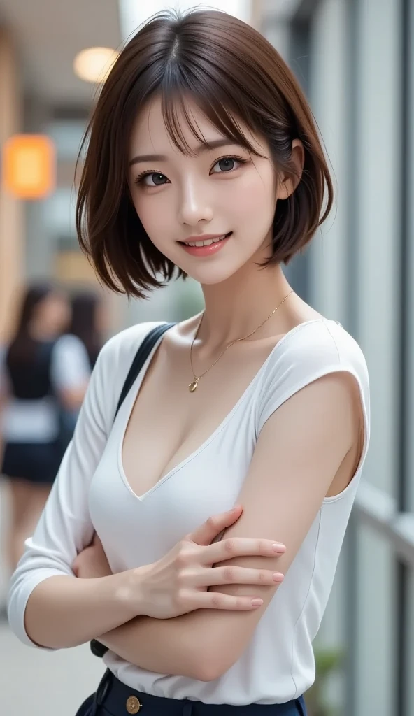 ((masterpiece)), ((Highest quality)), ((Complex)), ((Surreal)), (Realistic), (Mature Woman), ((There are no classes)), Very detailed, (1 female), Beautiful and exquisite, (Beautiful Teeth), Grin, Brunette bob hair, Brown eyes, ((blouse)), (Upper Body), (background:none), Perfect Eyes, Captivating eyes, Looking at the audience