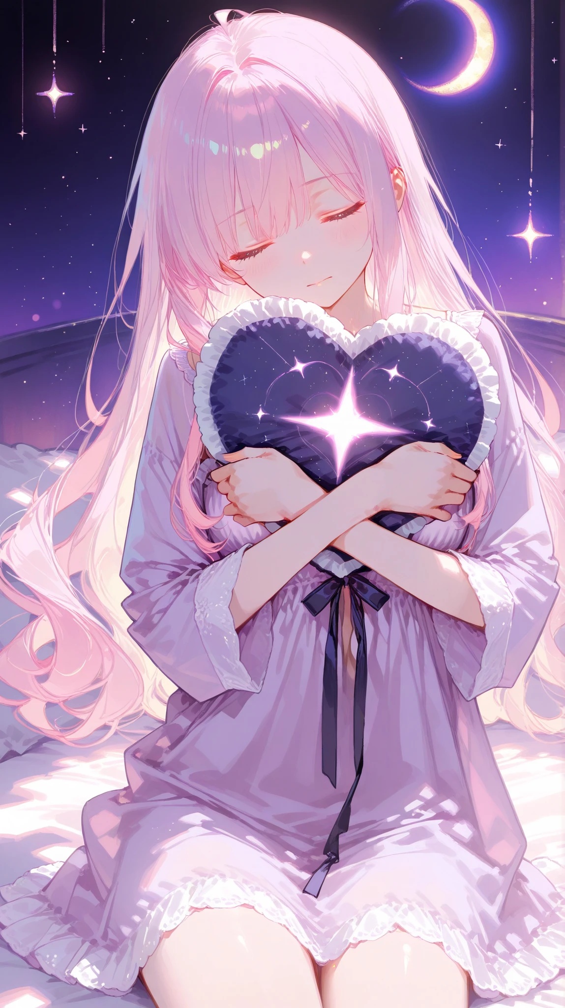 A soft and dreamy anime-style girl with pastel pink hair and gentle closed eyes, holding a large heart-shaped pillow. She wears a light lavender nightgown with subtle star patterns. The background is a glowing gradient of pink and purple, filled with twinkling stars and a crescent moon. The overall style is semi-realistic with soft lighting and a magical, calming atmosphere, like a bedtime story illustration.
