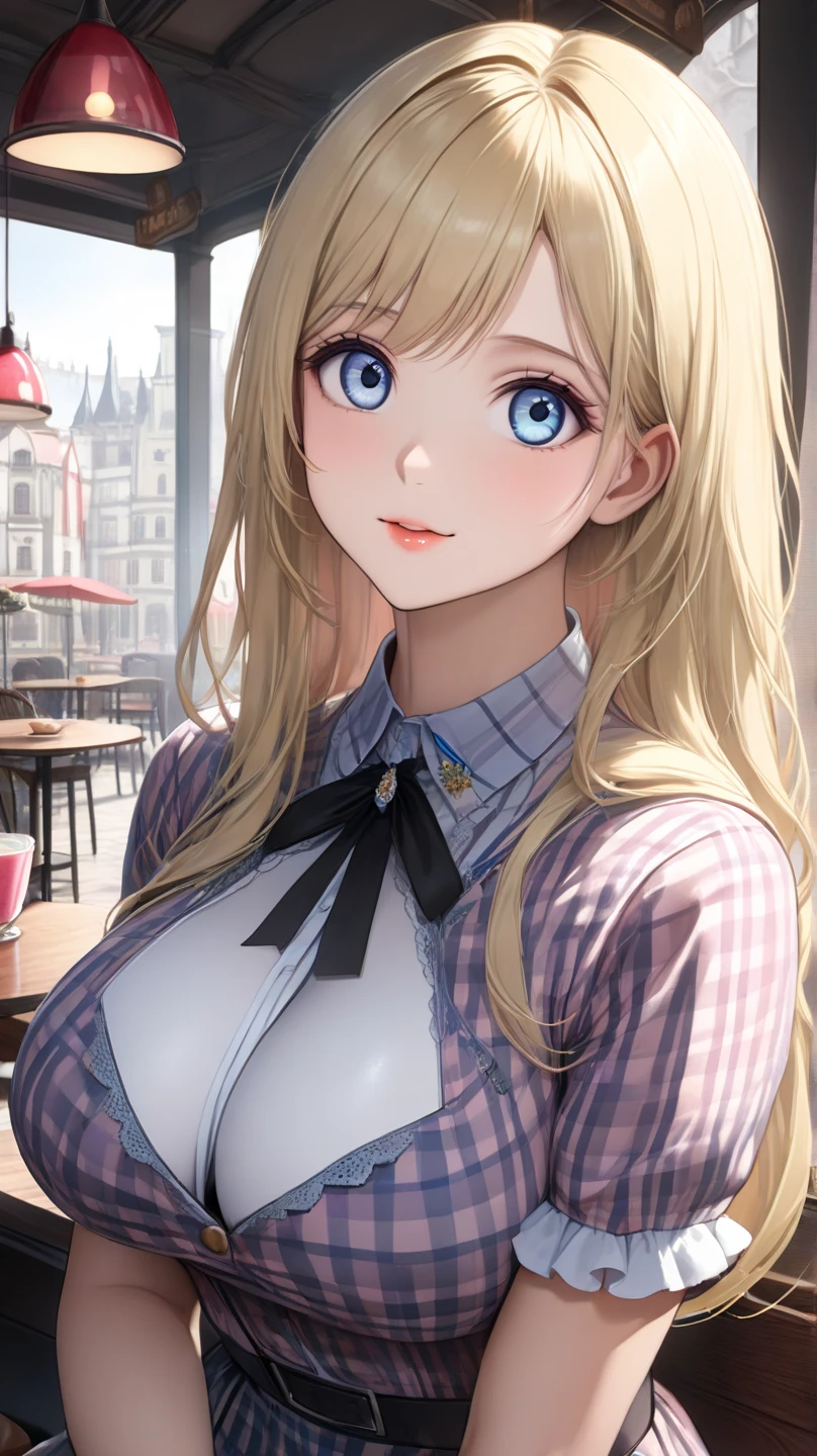 1woman,walking ,blue eyes, Beautiful makeup,Surprised expression, teeth showing, long eyelashes,early in the morning,stunning,half body photo, very detailed face,cute,,HD face, perfect face,Short white dress, pink cardigan,very big breasts,Blonde hair,blonde hair,bangs,long hair, straight hair,ultra detail,ultra Hd, masterpiece,4k