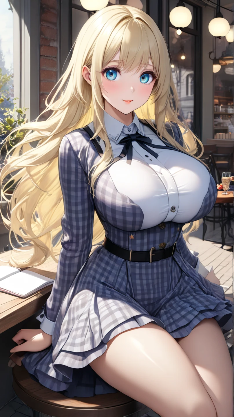 (cowboy shot: 1.5), (white background, simple background: 1.5), (masterpiece:1.5), (big breasts: 1.5), (1 girl: 1.5), young woman, (Beautiful Girl:1.5), (extremely detailed and delicate anime face and eyes:1.5), whole body, (natural light, HDR, extremely details CG:1.3), (dynamic posture: 1.3), {correct body anatomy}, (wide hips: 1.3), (perfect hands: 1.5), single focus, toned body, Beautiful Lips, thick lips, {surreal}, {correct posture}, {minutes details}, {detailed body}, {detailed clothing}, (Bright Eyes: 1.3), (cleavage: 1.3), {accessories}, {sexy}, (school uniform Winter: 1.3), (Short blazer: 1.5), (white blouse: 1.3), long sleeves jacket, (puffed sleeves: 1.3), (High waist pleated skirt: 1.5), (Plaid skirt: 1.3), high waist skirt, (white lace-trimmed legwear: 1.5), white thighhighs, (Hakama bow: 1.5), (Silk beret: 1.5), (ribbon: 1.3), (bowtie: 1.5), black pointe shoes, jewelry, earrings, (Shy look: 1.3), (extra long hair: 1.5), (two-tone hair: 1.5), (Pearl White hair with light blue streaks: 1.5), bangs, (low tied long hair: 1.5), (straight hair: 1.3), (hair between eyes: 1.5), (sidelocks: 1.3), glowing hair, (bright light emerald eyes: 1.3),