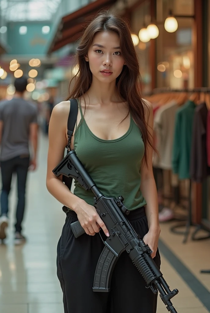 Magical Disney scenes,Female agent with a submachine gun with a faint smile, Camouflage crop navel, 详细的脸, vests, closeup cleavage,Panoramic shots,statement sunglasses, Plump breasts, vivd colour, movie light effect, Dramatic colors,high detal,High quality,hyper realisitc