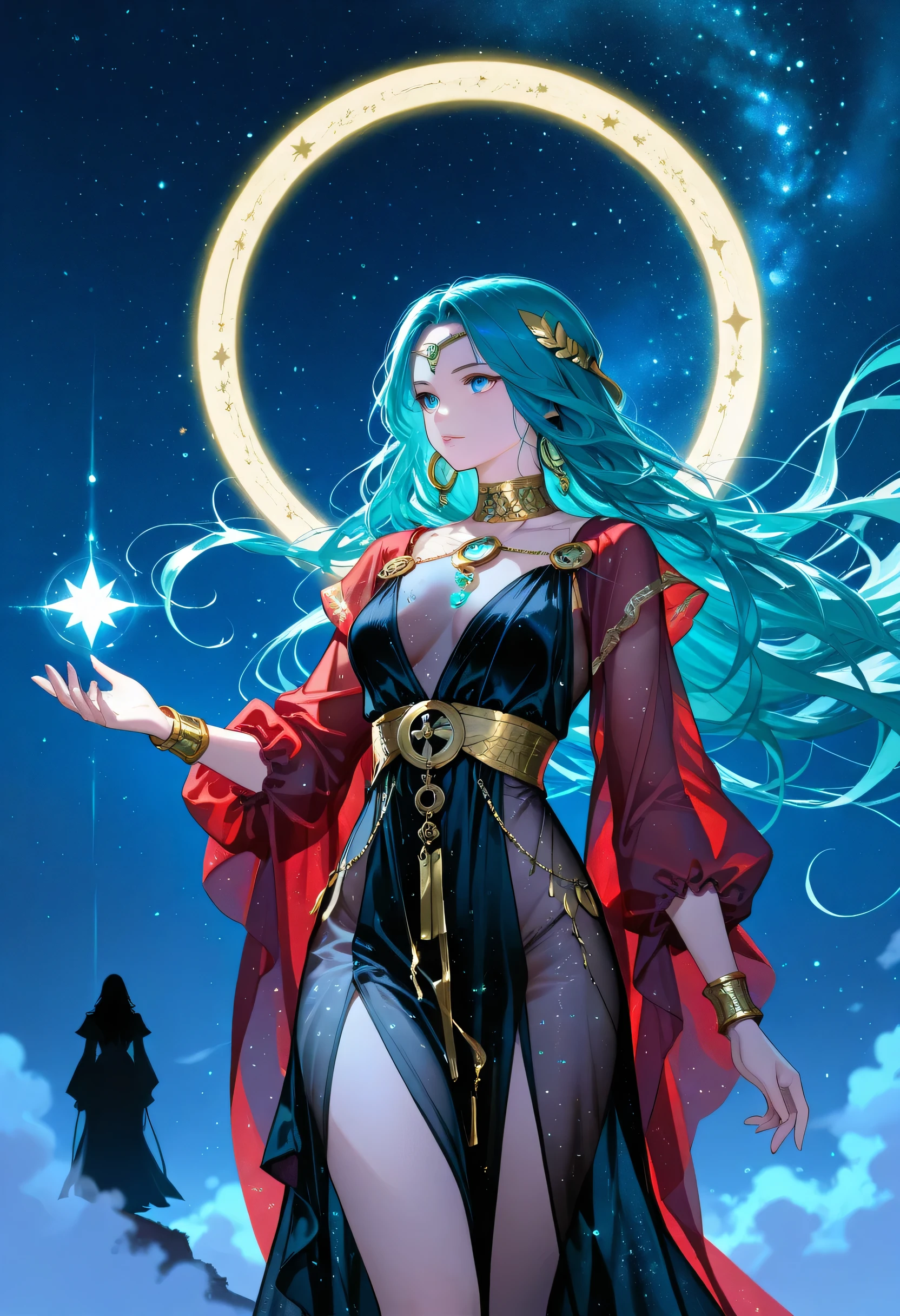 a picture of woman wearing transluminescent dress, black silk dress, intricate dress, , red sleeves, epic beautiful woman, divine beauty, serene beauty, lush hair, long hair, stars entwined in the woman's hair, fantasy art, night time, the moon rises, creating  a silhouette, fantasy, glowing, ember