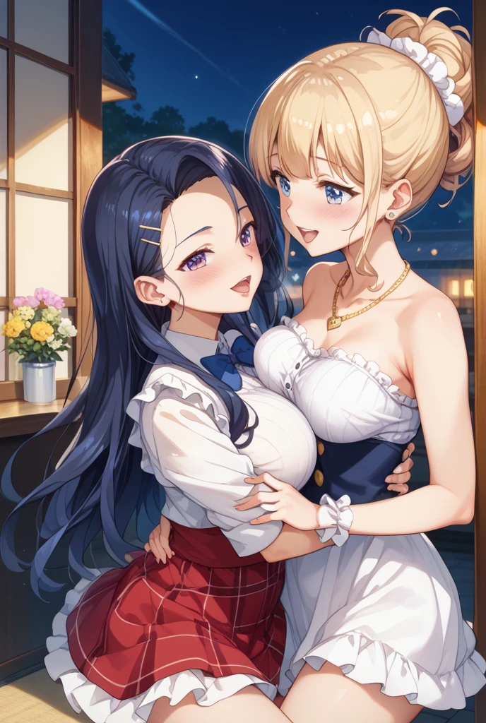 score_9,score_8_up,score_7_up,rating_explicit, source_anime, 2girls, couple, nagatoro hayase, black hair, galko, blonde hair, flashing tits, excited, looking at viewer, makeup, posing in bar, smug face, horny, drunk, inviting to join, revealing clothes, puffy nipples, night outside