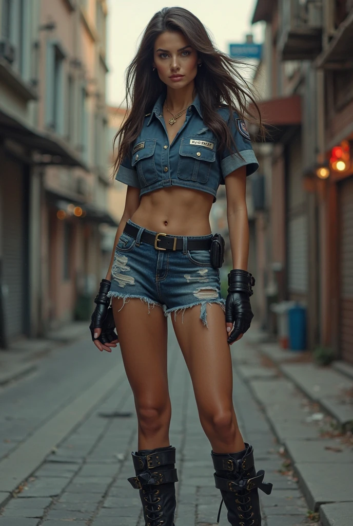80s European Woman Metal Singer, black hair, big chest, dark jeans, rivets, pants, belt, with big gun. full body.