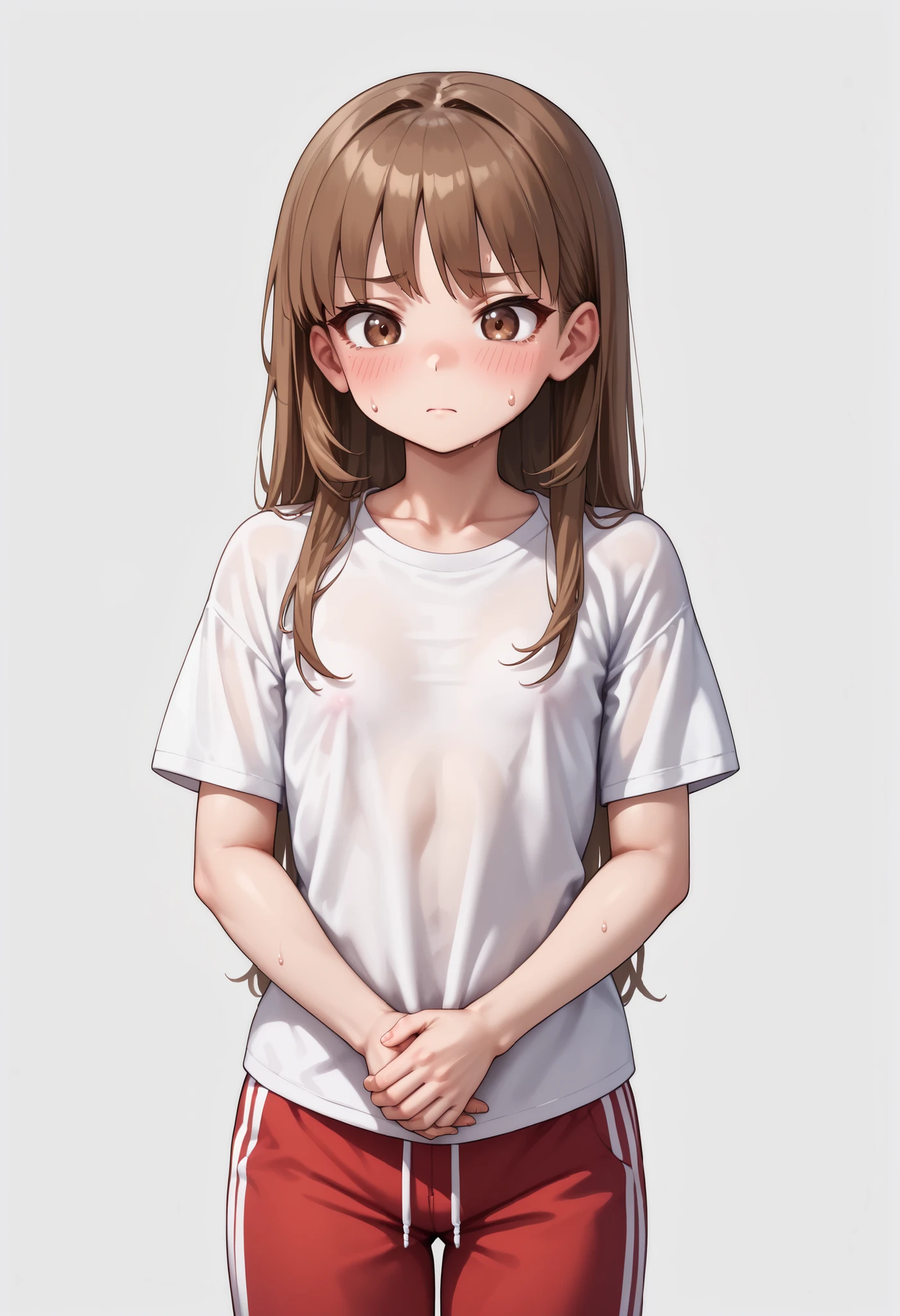 source_anime ,score_9, score_8_ up, score_7, ((White background)) ((Russian woman)) ((1girl)) (solo girl) ,30 years old, rathing_questionable (White oversized t-shirt:1.4) (Red sweatpants:1.2), brown eyes , (brown Long hair) , straight hair , ((small breasts)) , weak , unhealthy , (((very thin:1 . 4))) (Flat chest:1.4) ((no confidence)) Holding your own hands