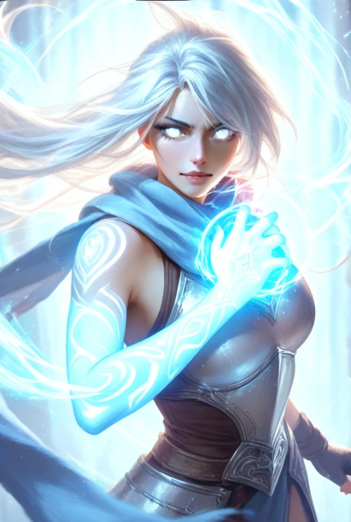 Elsa-Sub-zero Fusion, Cabelos brancos da Elsa, Roupas do Sub-zero, particulas de gelo, melting, 1girl, Beautiful, (master part:1.2), (melhor qualidade:1.2), ((pose de luta)), ((campo de batalha)), cinemactic, olhos perfeitos, pele perfeita, perfect lighting, sorrir, luz, cor, pele texturizada, detalhe, Beleza, maravilha, ultra-detalhado, rosto perfeito