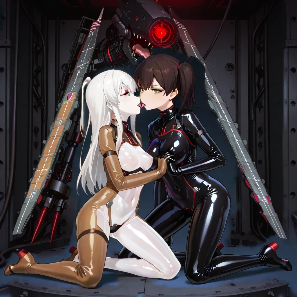 rating_explicit, 2 woman, 1 short white hair woman, white skin, slim body, slender body, black lipstick, blowjob sex, 1 black strong tall woman futanari, african skin, robotic red arms futanari, black bun samurai hair, bed, purple lights, night, dark, holding waist, moan