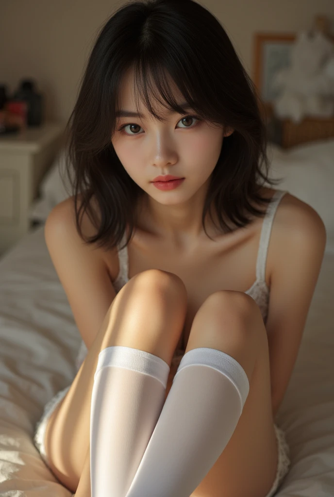 Masterpiece, ultra realist 8k, perfect face, flawless, Clean, Masterpiece, professional artwork, famous work of art, Perfect face, nice features, youth,beautiful face, pretty eyes, ((perfect female body)), Alone,(immersed atmosphere, light dark:1.5,bright light:1.2,luminous lighting),(blush:0.5),seductive expression,extremely detailed face_big green eyes,thick thighs,very big breasts,narrow waist,beautifully detailed background,depth of field,realist:1.3, 1 girl,white shirt with lace,pleated skirt, session, whole body, big smile,perfect teeth,(ambient light:1.3),(cinematographic composition:1.3),(neon lights:0.1),(HDR:0.1),Decorative lighting, with beautiful long crossed legs,look towards you, perfect legs, high heels shoes,white panties, blonde 20 years old,short white mini skirt with lace,cut blouse , off-the-shoulder lace blouse,
