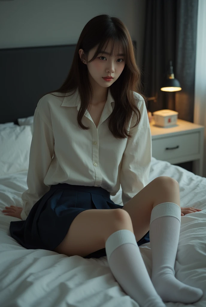 absurdres, RAW photo, extremely delicate and beautiful, masterpiece, Best Quality, ultra high resolution, 32k, hyperrealistic, ultra-detailed, perfect anatomy, super Detailed skin, Super Beauty, perfect figure, Perfect Style, Perfect balance, in her 20s, very small head, very small face, delicate facial features, tearful mole, earring, very huge breasts, bare legs, full body shot, medium hair, black hair, school_uniform,