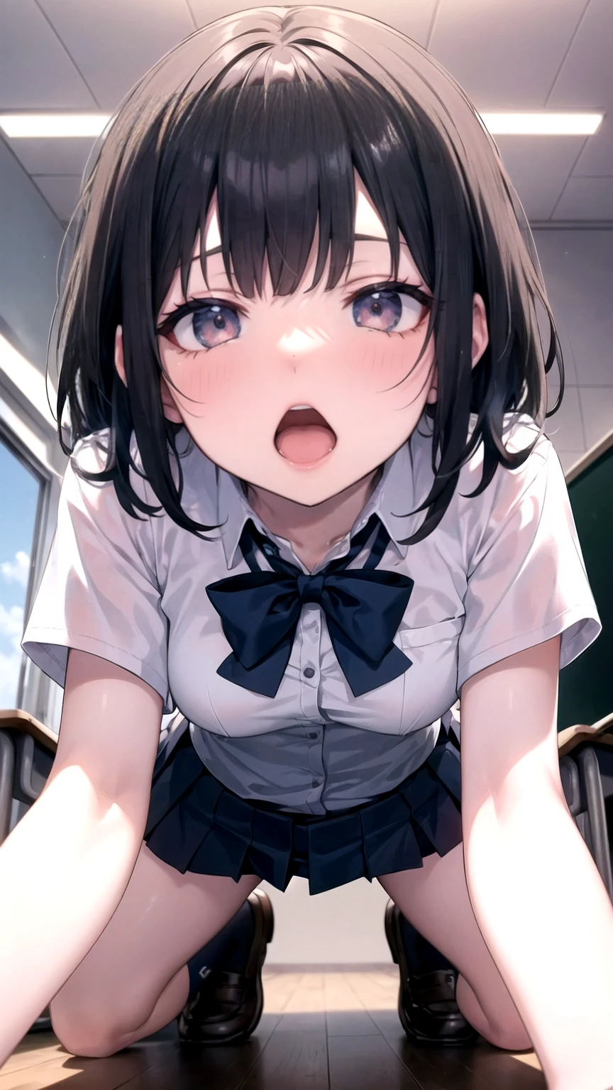 nsfw, (POV oral sex with cum:1.3), (deep throat:1.3), (intense perfect fellatio:1.2), :>=, (1boy, full by:1.2), a pure innocent girl, very cute face, like a idol, blush, (school uniform:1.1), look up at viewer with lovingly gaze, arms behind the back, in front of 1penis with between viewer's legs, (mouth on the viewer's crotch completely:1.3), (perfect keeling under the desk completely, body is perfect into the desk, face come out from under the desk:1.3), (face focus:1.2), (viewer is sitting, bare viewer:1.2), (under the desk with depth:1.3), in own room, viewer's legs in the picture, from above,