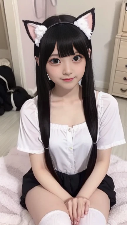 1 , lily, twintails, brunette color hair, By bangs, casual cute dress, flower, 12-year-old female model, Princess, Smile, using a computer