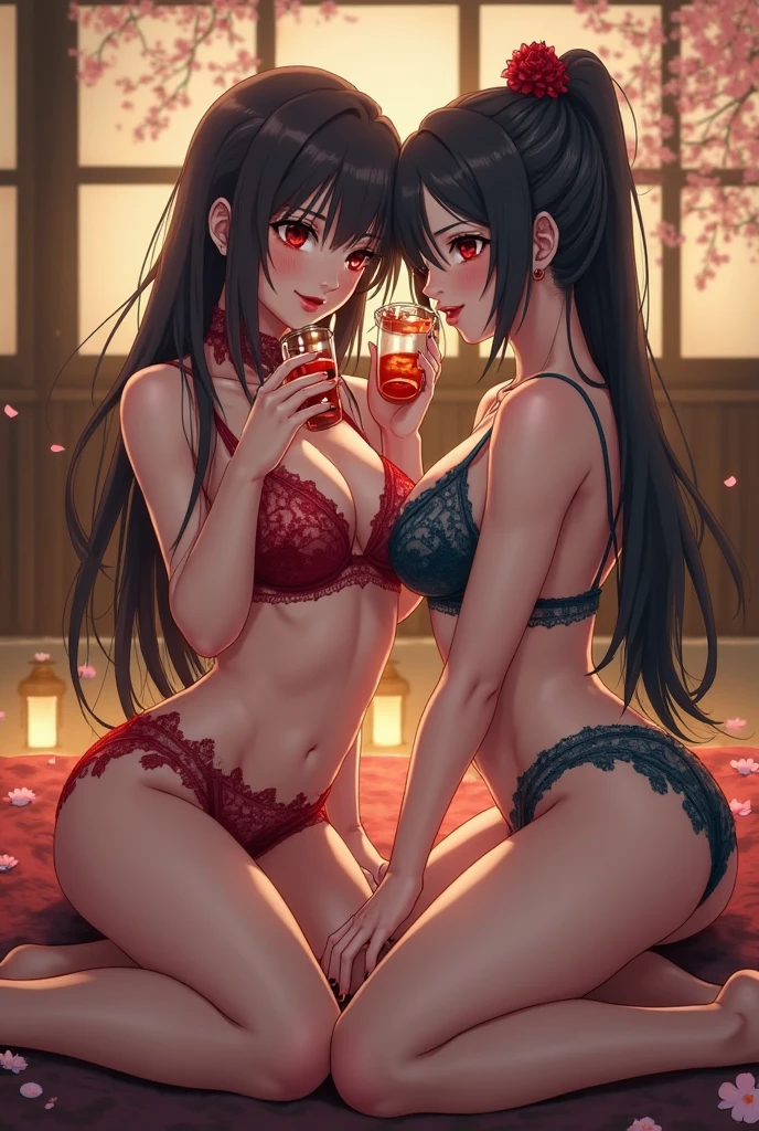 Japanese-style house, on the futon, A dark-haired Japanese woman sitting with a woman wearing red underwear, Japanese woman in underwear, Two Japanese women looking at each other, random pose,18-year-old,realistic young gravure idol, Young beautiful gravure idol, 8K)), 若いsensualグラビアアイドル, Glossy skin!!, shiny silver, ((beautiful skin)),((skin texture)),((Real Touch)),healthy, Ruddy, looking at camera,emphasized thighs,beautiful clavicle,((Embellished Detail Bra,sensual)),Flushed face,Feel the breath,