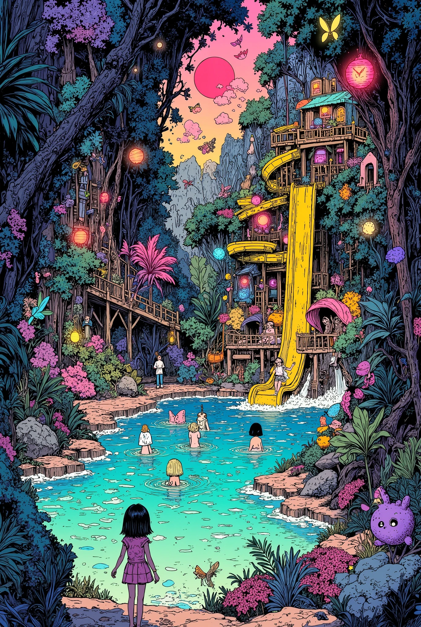 A fantastic crimson sunset in a magnificent rainforest. Turquoise Lake Ukiyo-e in the jungle - anime. on the shore stands an intricate lemon-yellow fairy-tale water park with blue water, fancy slides and gutters, glowing silver men having fun in the water.tall slender date palms, three rainbow eucalyptus trees, two wisteria trees and a silver acacia. Lots of colorful plants, insects and fungi. neon butterflies, flying glowing beetles, Colorful lanterns on trees. completely asymmetrical, live work. Stunning ukiyo-e art, animated ukiyo-e jungle, animated footage, perfect intro, Contrast between the surface and shadows sparkling in the moonlight, 2000 film studio, bird's-eye view. using powerful psychedelic filters, very intense work, painted on a dark blue background.
