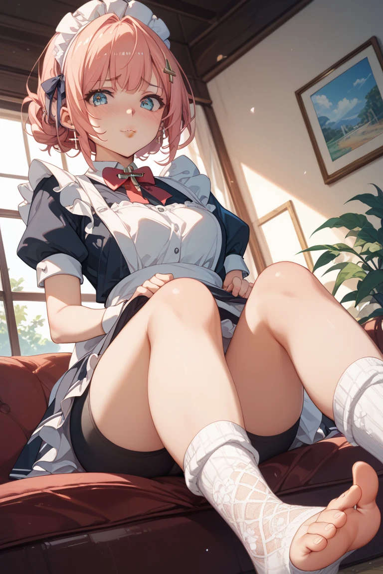 One girl, solo, nakano nino, Pink Hair, Butterfly Hair Ornament, (Barefoot:1.3), (White apron),, Cleavage, Thighs Thighs Thighs, Cafe Background, (blush:1.3), Leg spread