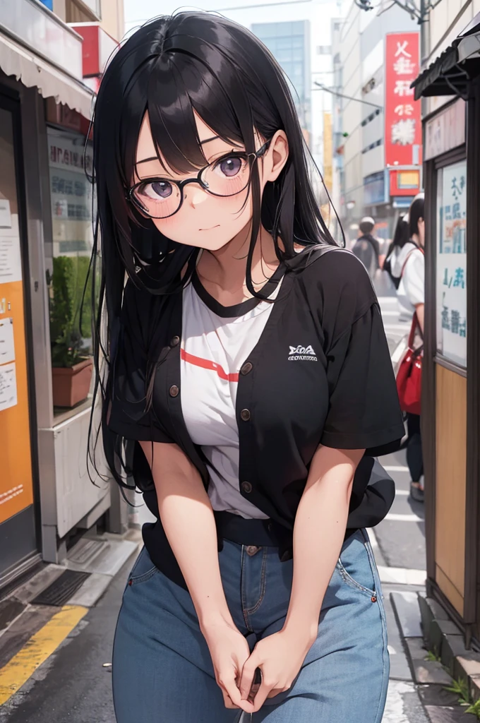 1 female, black long hair, glasses, huge breast, thick legs, white long sleeve shirt, red jean short, black eyes, in the mall, game store, sonic games